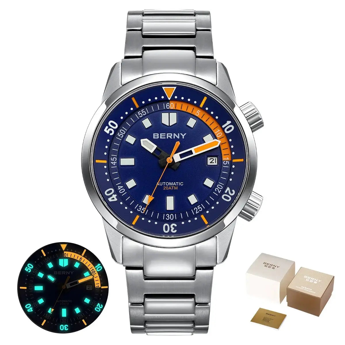 BERNY men's dive watch with blue dial, stainless steel bracelet, 200M water resistance, automatic movement