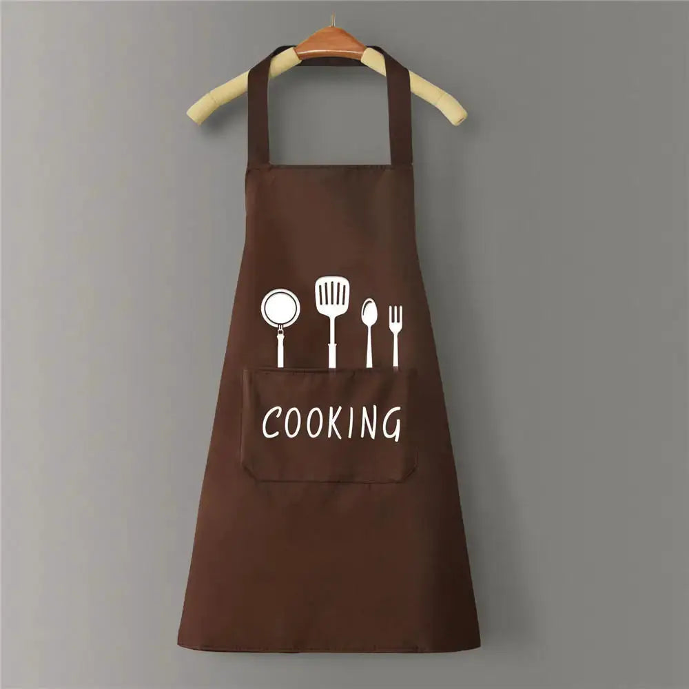 Apron in brown with a front pocket showing white utensil icons and the word COOKING