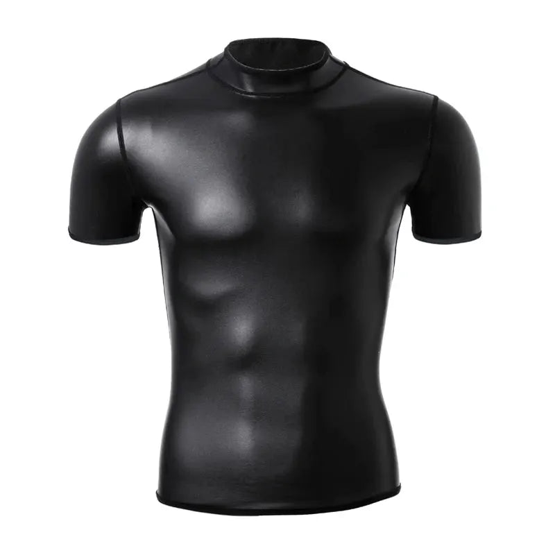 Men's black leather-look stand-collar short-sleeve T-shirt