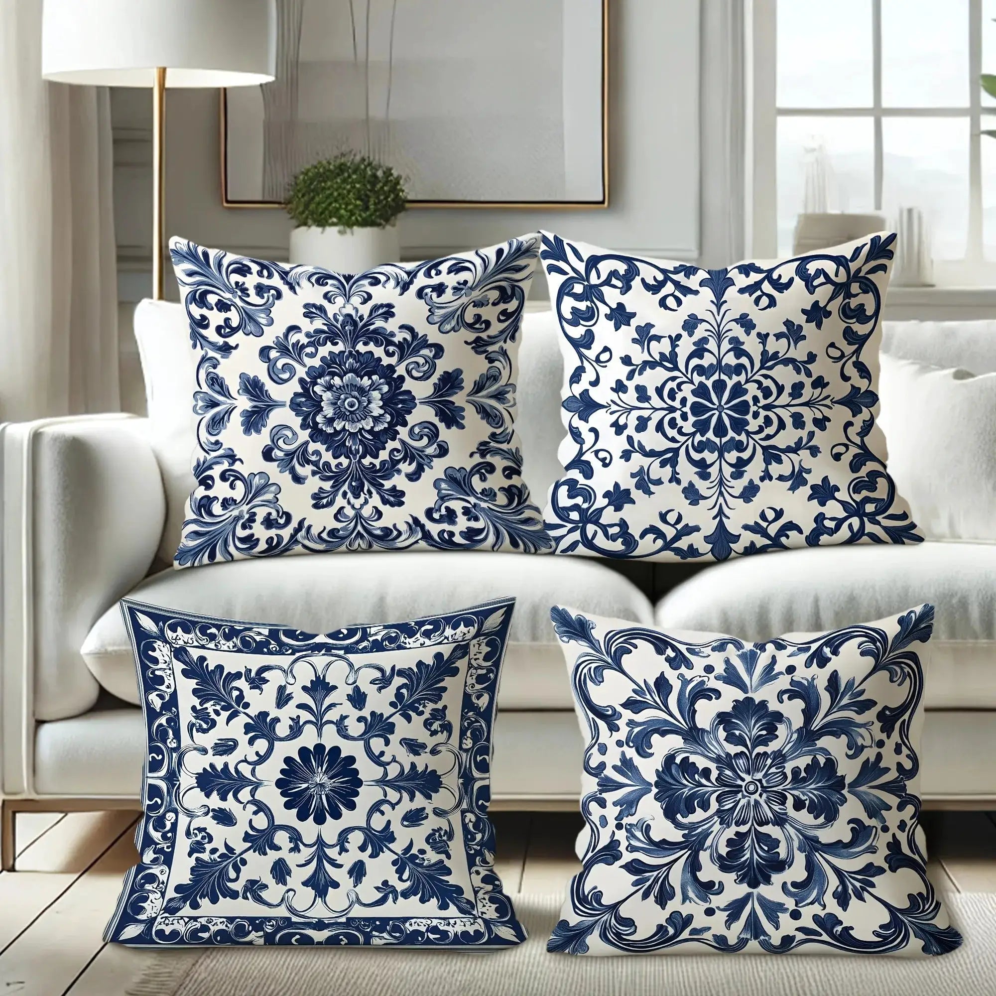 Bohemian blue and white floral pillow covers set on a white sofa; decorative cushions by Simples Market