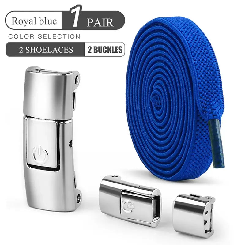 No-tie elastic flat shoelace set, royal blue, 8mm wide, with press-lock buckles; includes 2 laces and 2 buckles