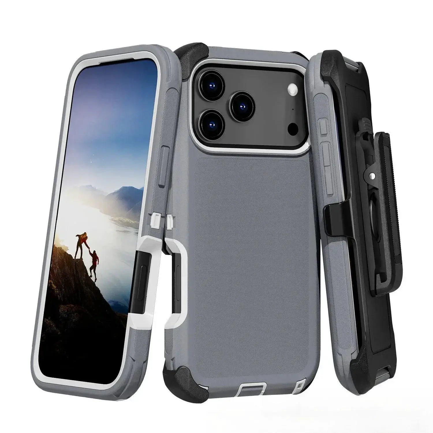 Rugged shockproof belt-clip case in two-tone gray armor shell for iPhone Pro Max models by Simples Market