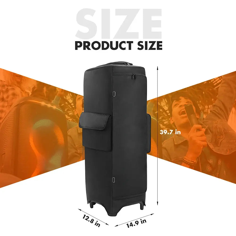 Black portable speaker dust case with mic pocket and side storage pouch; wheeled tall carrying bag for JBL PartyBox.