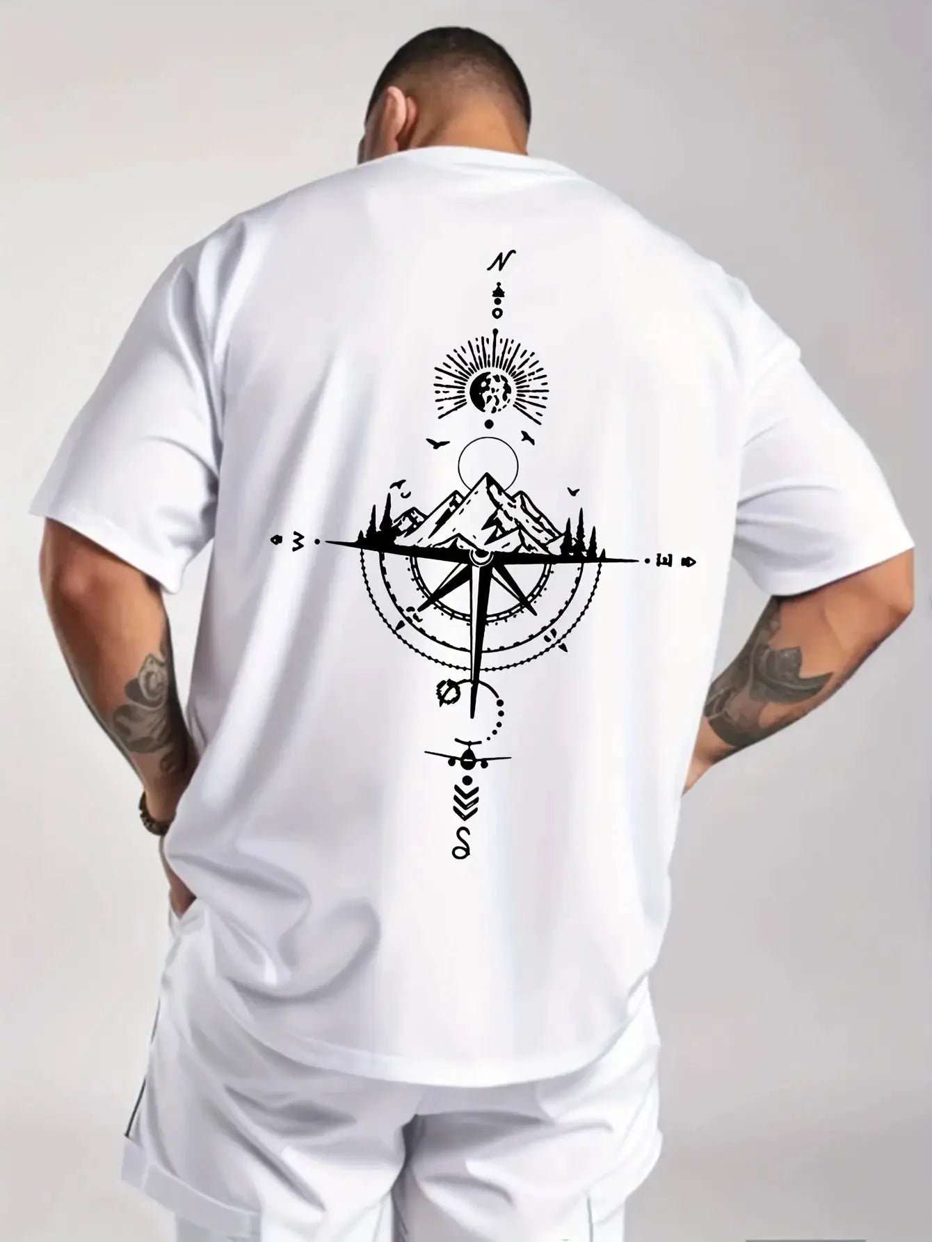 Mens 100 Percent Cotton Summer Casual T Shirt Loose Oversized Retro Compass Print Round Neck Short Sleeve