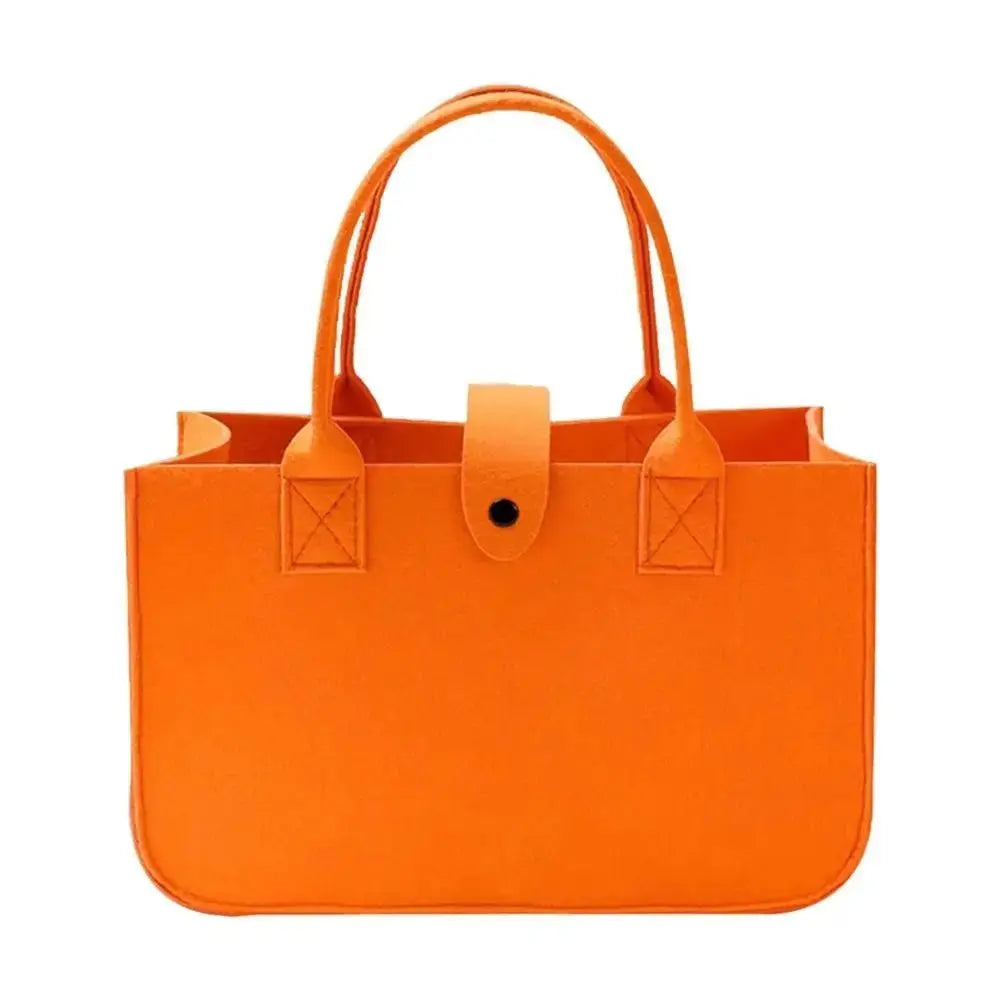 Portable large-capacity mummy bag in orange felt with two top handles and button-tab closure by Simples Market tote