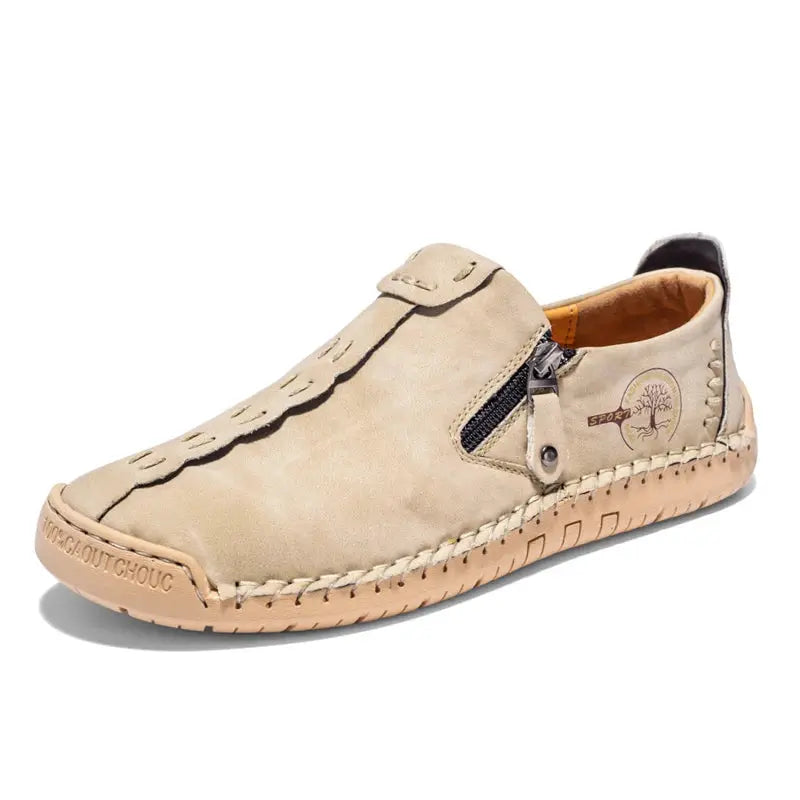 Simples Market handmade leather men’s casual slip-on loafers in beige with side zipper and stitched moccasin sole