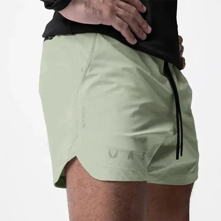 ASRV men's summer quick-dry basketball shorts in light green with black drawstring and curved hem