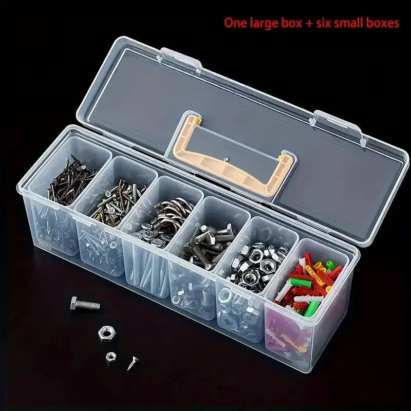 Simples Market hardware tool storage box, transparent multi-compartment organizer with six small trays.