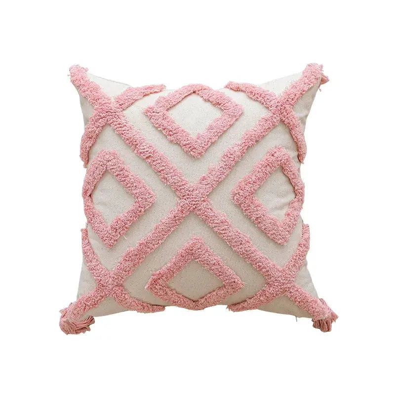 Pillow cover pink cotton tufted with diamond pattern and tassels, decorative boho cushion cover