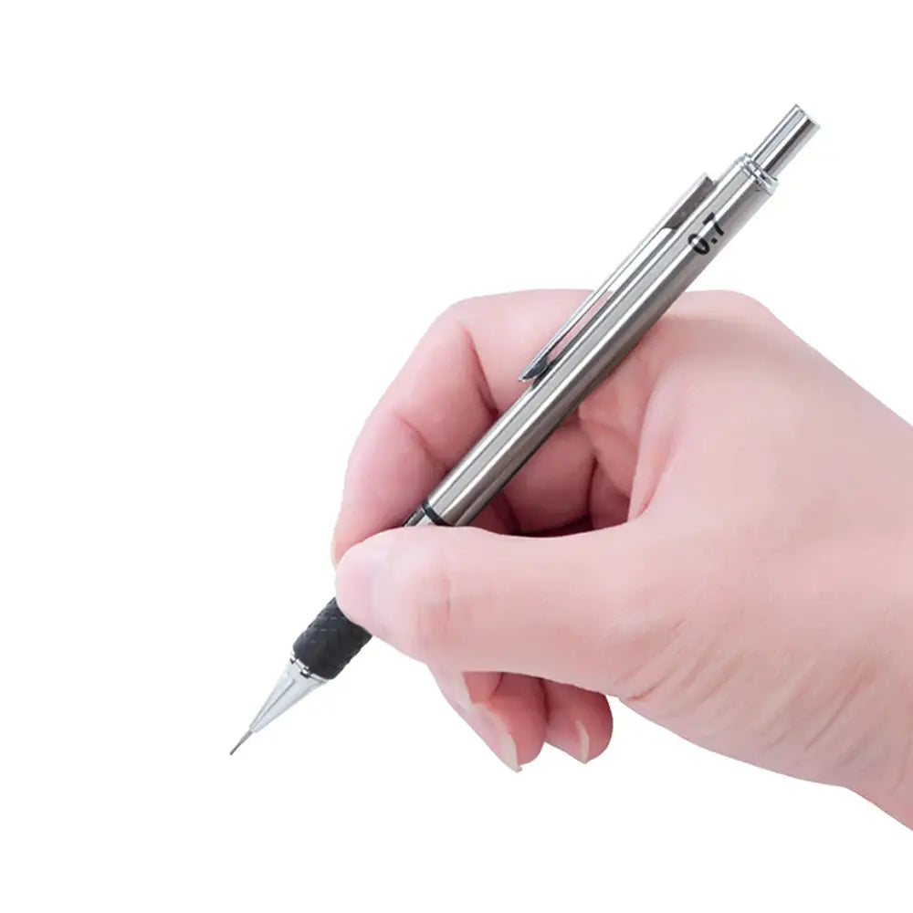 Metal mechanical pencil with silver body, black grip, and clip held in hand