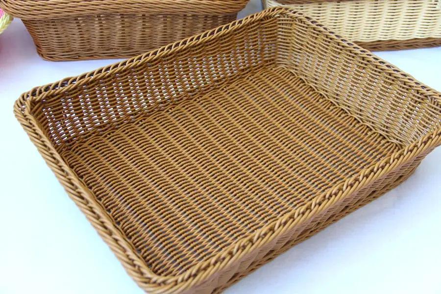 Hand-woven imitation rattan rectangular storage basket; brown wicker by Simples Market for fruit, snacks, or bread.