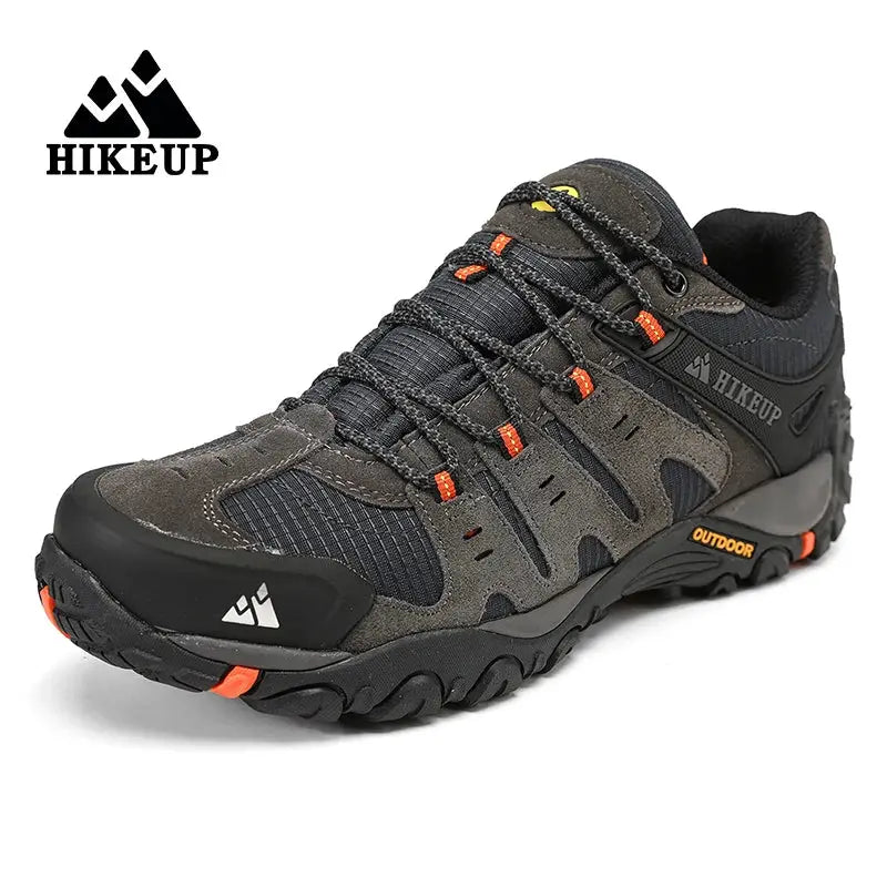 HIKEUP men's hiking shoe in suede leather, black-gray upper with orange laces, rugged outdoor tread