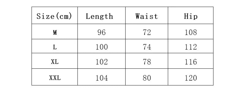 Simples Market jogging sport pants size chart showing lengths, waists, and hips for sizes M–XXL.