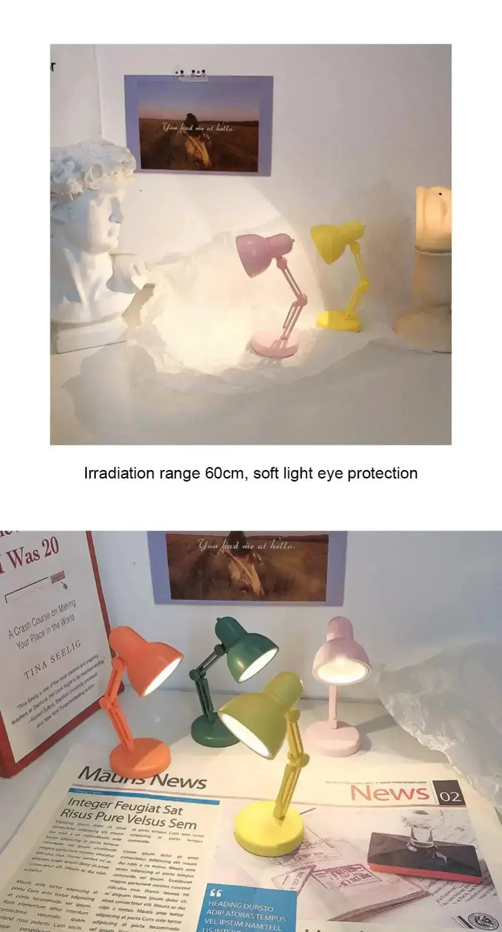 Four mini clip-on LED book lights in orange, green, pink and yellow on a desk