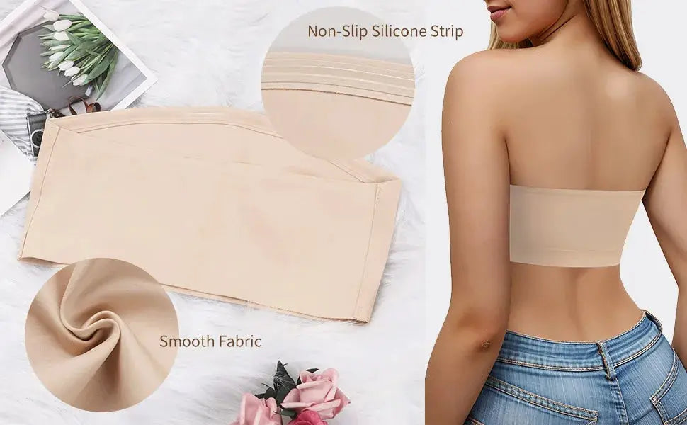 Beige strapless tube top bra with smooth fabric and non-slip silicone strip