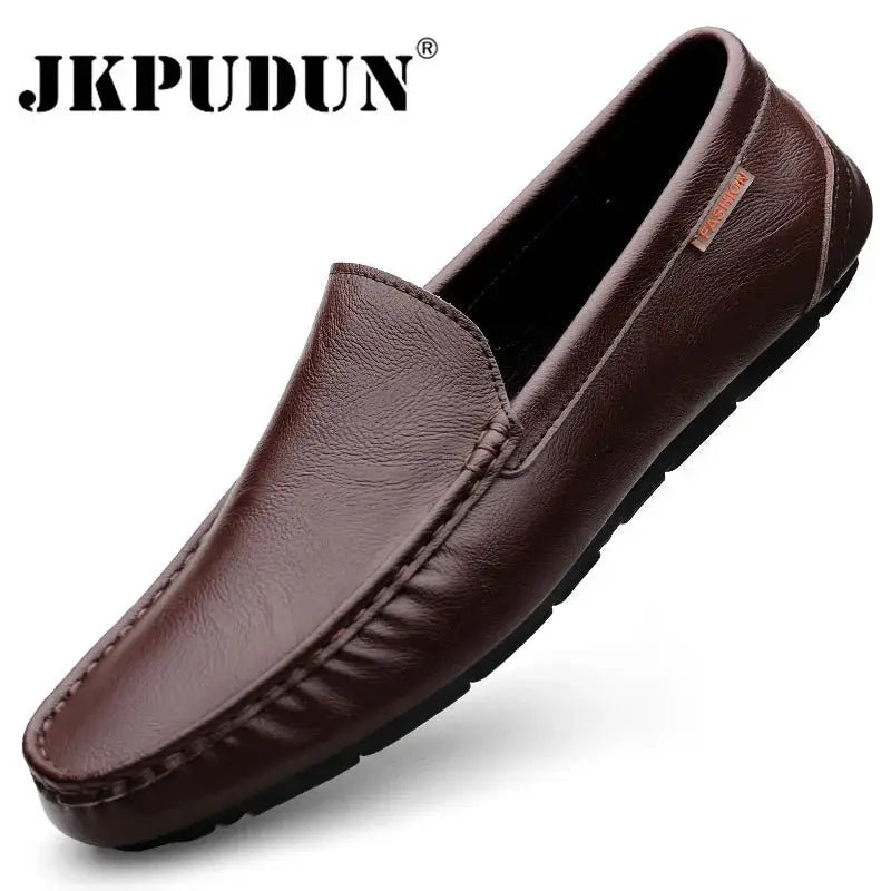 JKPUDUN brown genuine leather men's loafers slip-on casual driving shoes