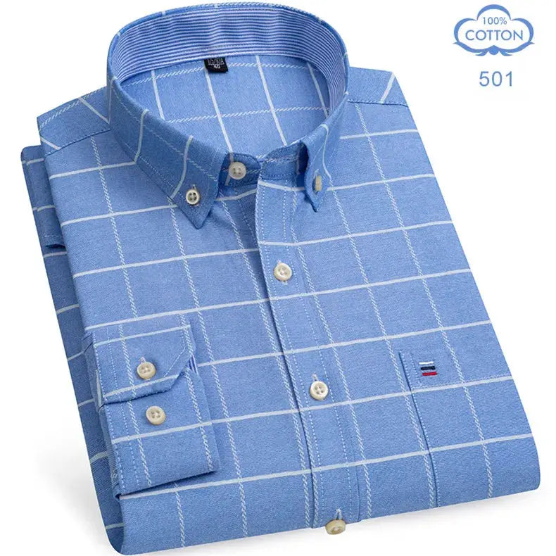 Men's blue plaid Oxford shirt, 100% cotton, long sleeve by Simples Market