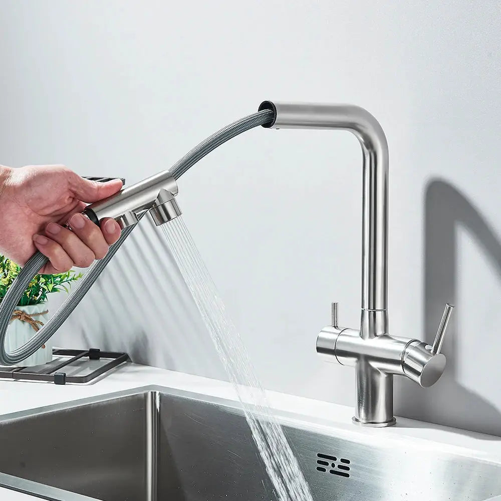 Kitchen pull-out filtered faucet in stainless steel with dual spray head and 360° rotation
