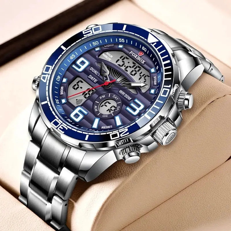 Men's Foxbox stainless steel sport watch with blue bezel and digital-analog display