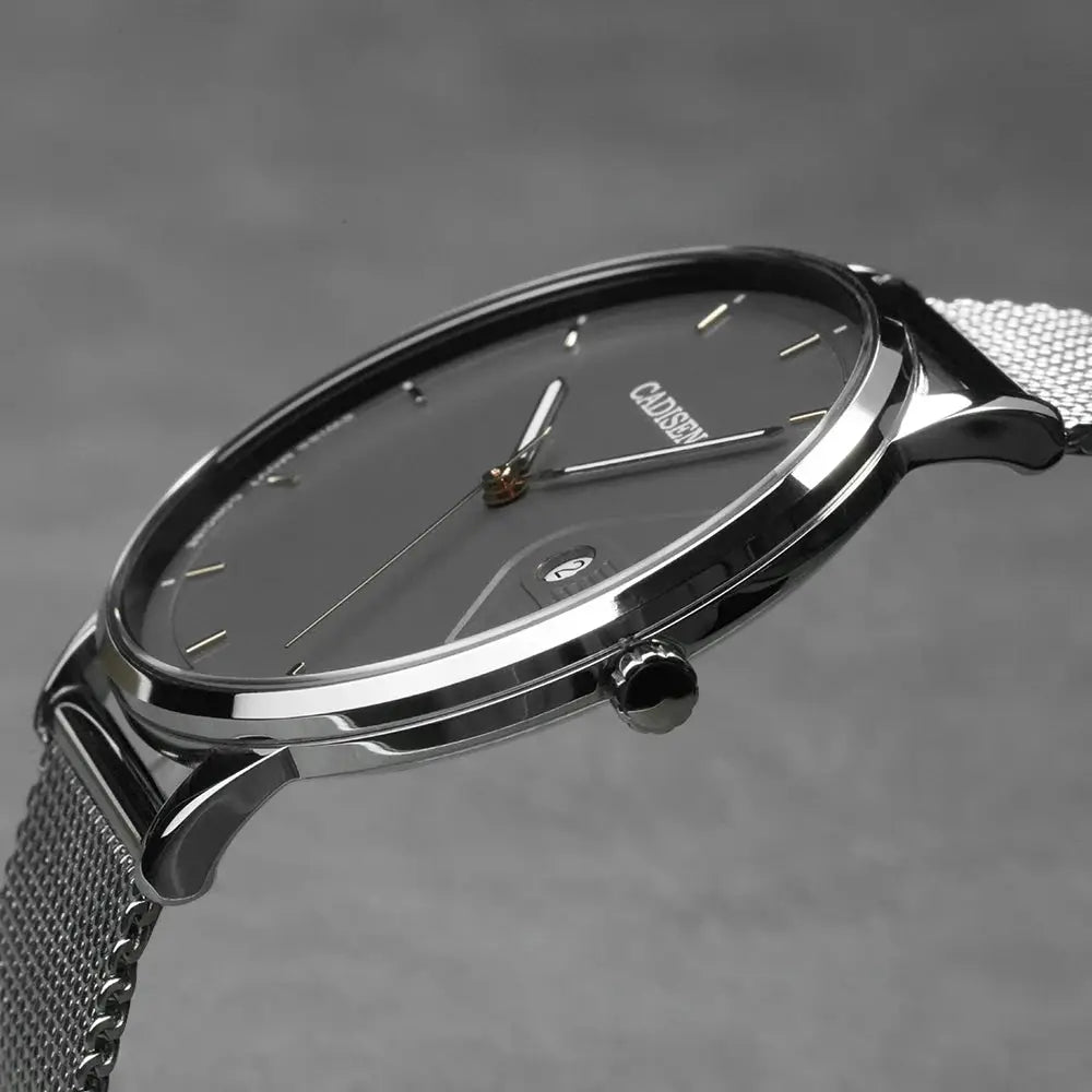CADISEN men's Swiss Ronda 715 quartz ultrathin 7mm watch with Milano mesh stainless steel strap and black dial