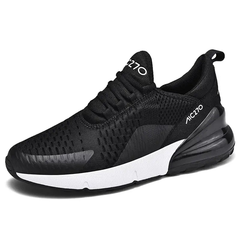 Men's black mesh sneakers by Simples Market; breathable outdoor jogging shoes with white sole.