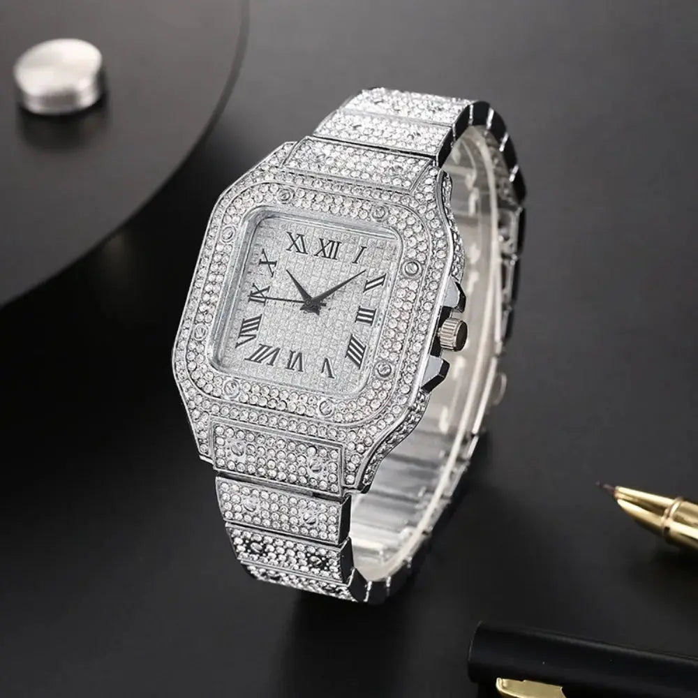 Classic Luxury Mens Steel Strap Square Rhinestone Quartz Watch for Elegant Business Timekeeping