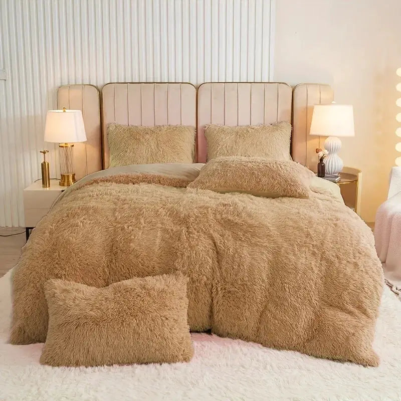 Simples Market 3-piece plush duvet cover set in tan beige with two shaggy pillow shams on a beige upholstered bed
