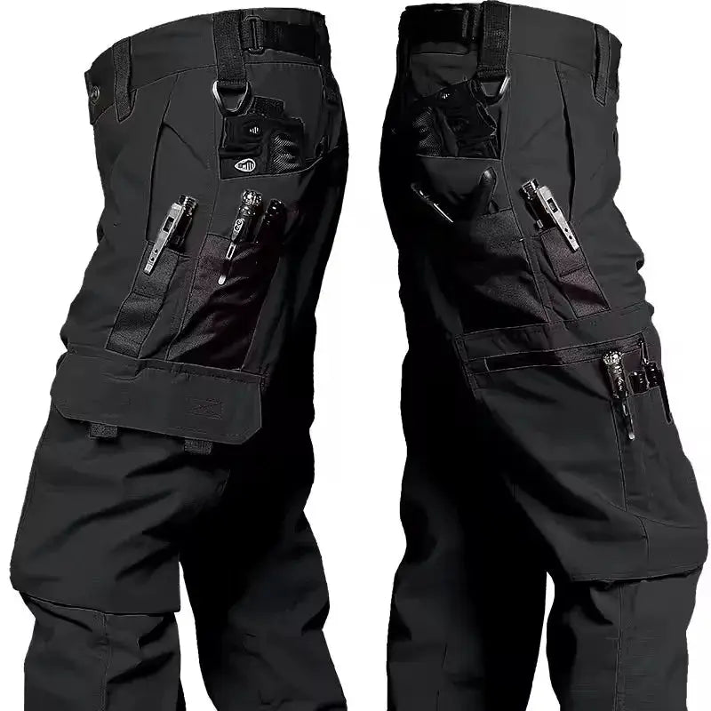 Multi-pocket work pants for men by Simples Market, waterproof cargo pants with zippered pockets and straight-leg fit.