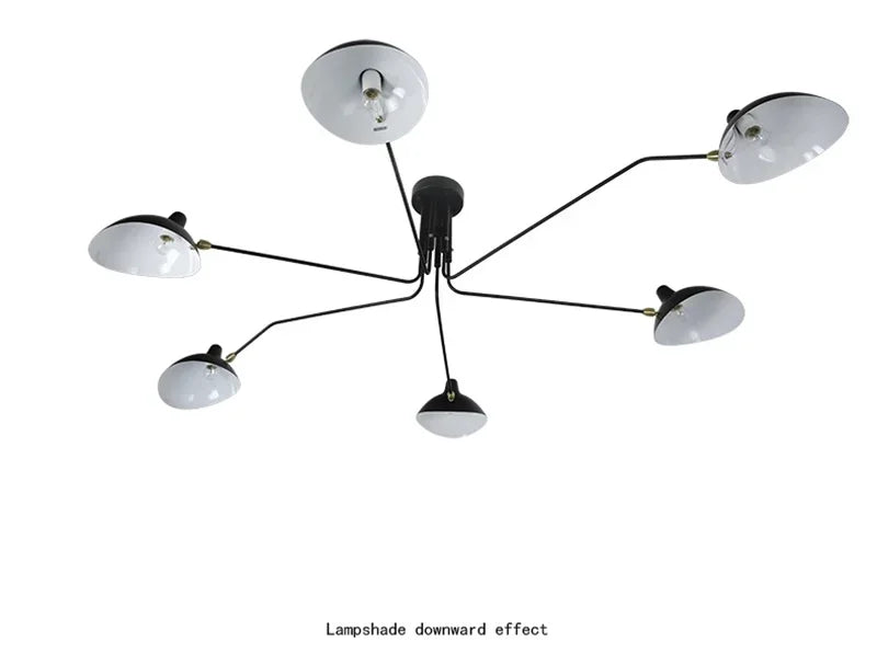 Mouille ceiling lamp spider pendant, black metal multi-arm fixture with white dome shades, six heads