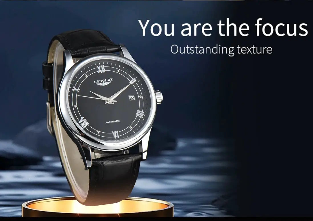 LONGLUX automatic men's leather watch with black dial, Roman numerals, date window, black leather strap