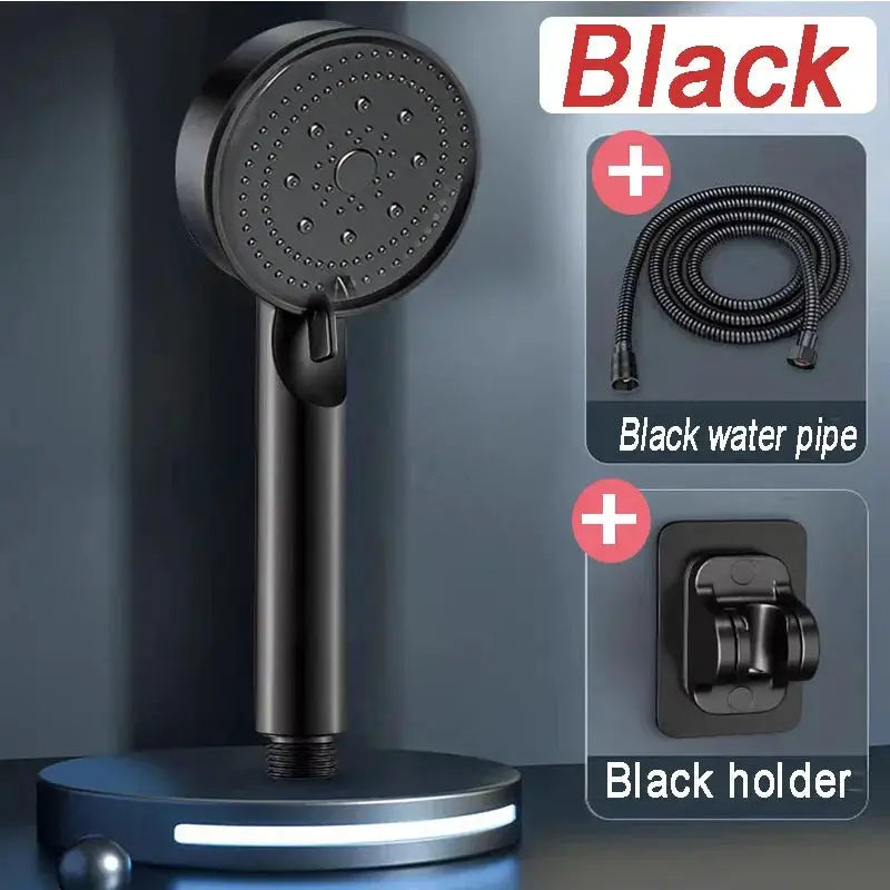 Shower head black 5-mode adjustable with high-pressure water-saving design; includes black hose and holder