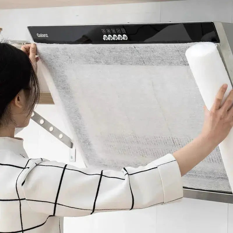 Range hood filter paper, disposable non-woven, oil-proof, 46cm wide; Simples Market, installed under Galanz hood.