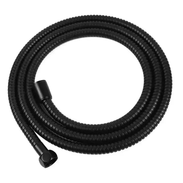 Shower hose, black flexible, coiled design with standard connectors.