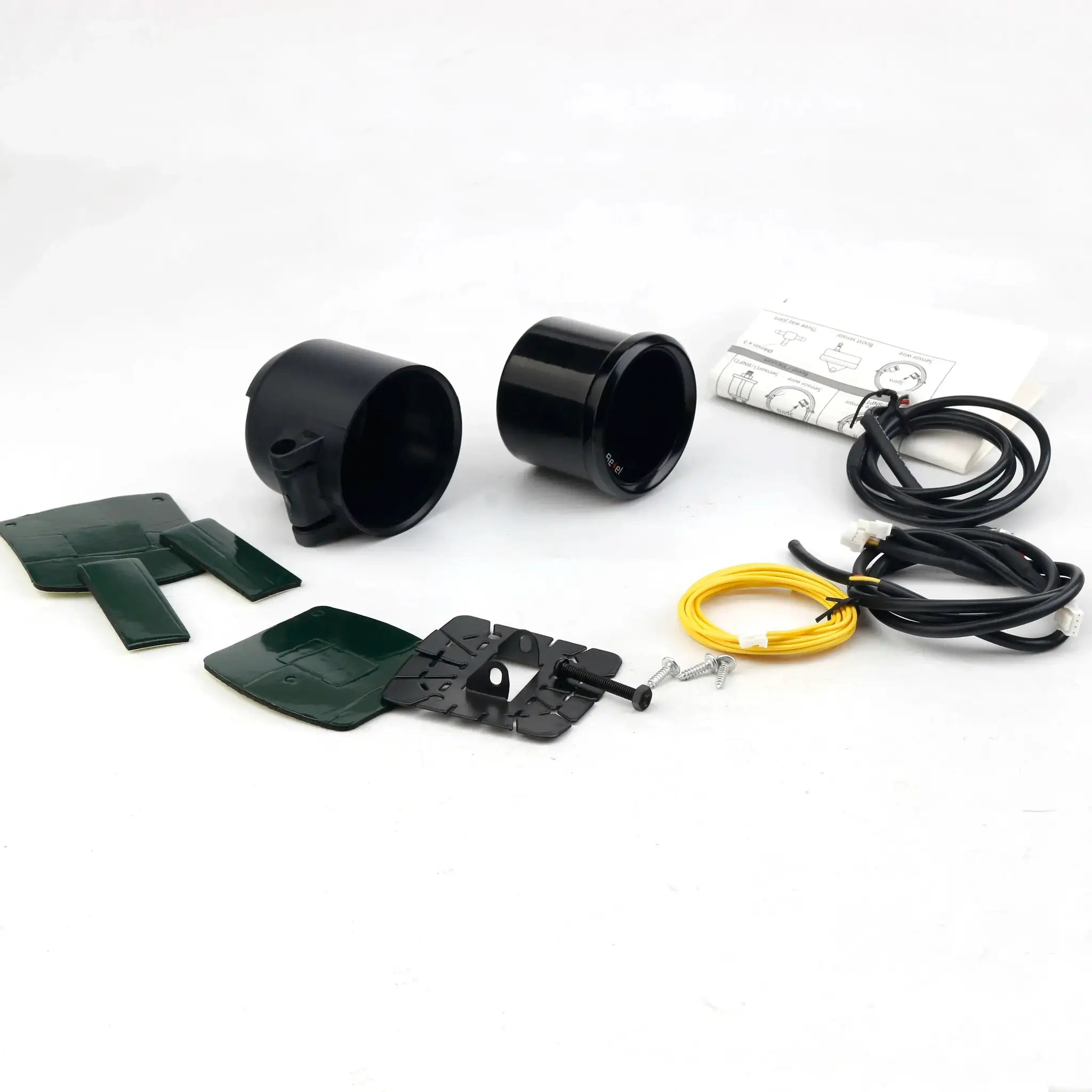 52mm black car gauge kit with two gauge housings, wiring harnesses, and mounting hardware