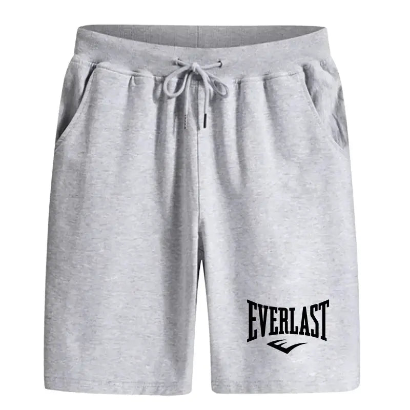 Men's grey knee-length sport shorts with drawstring waist, pockets, Everest logo on leg