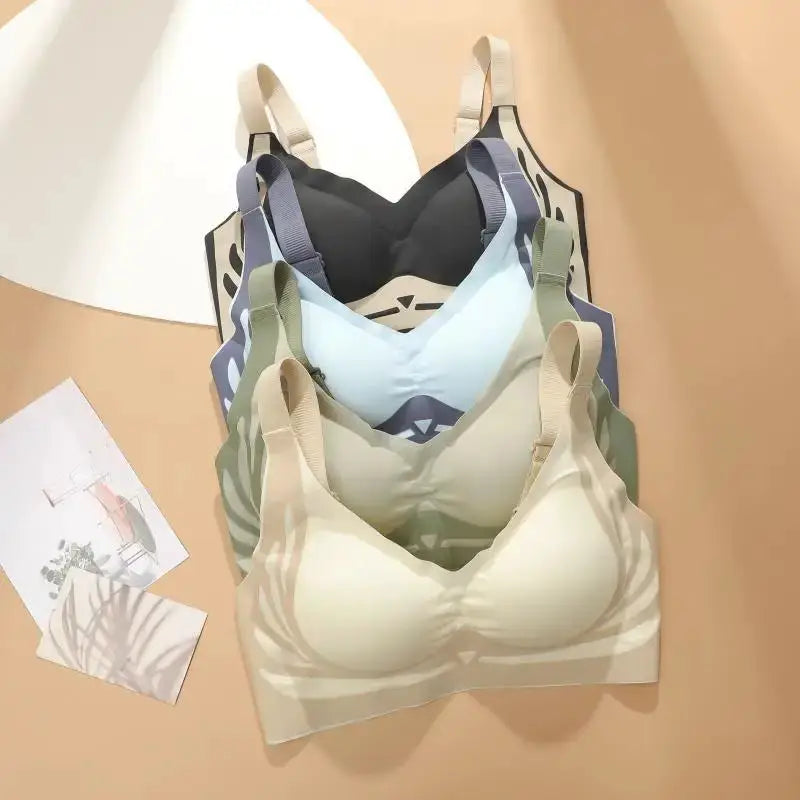 Simples Market 4-pack women's push-up bras, seamless wireless, angel-wings, cream, sage green, light blue and black.
