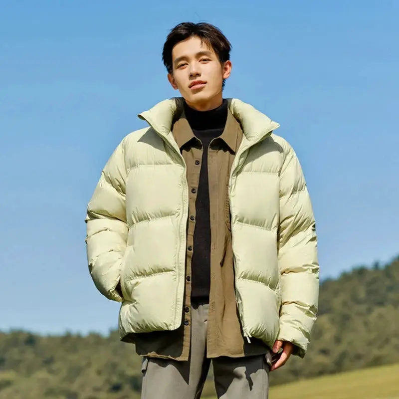 Down jacket, light beige short puffer coat for men and women