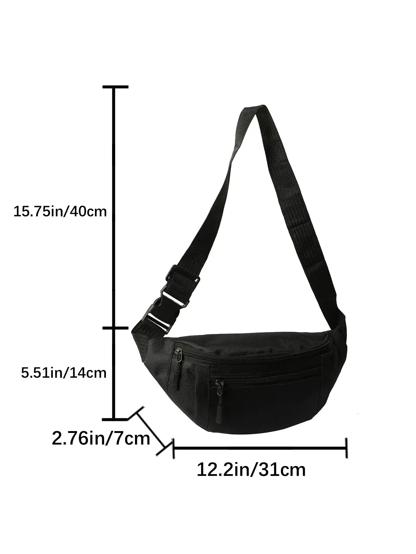 Black nylon fanny pack waist bag with multiple zip pockets and adjustable strap