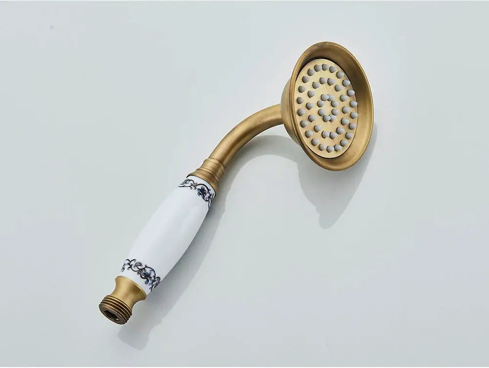 Simples Market antique brass handheld shower head with ceramic white handle and blue pattern, 150cm hose.