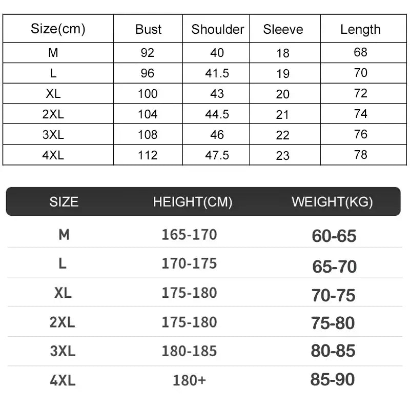 Men's quick-dry short-sleeve gym T-shirt size chart with bust, shoulder, sleeve and length measurements.
