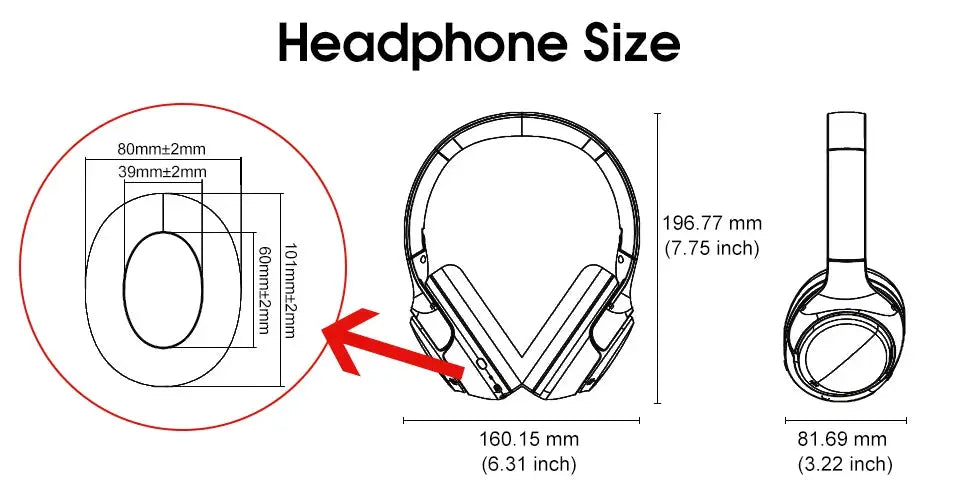 QCY H3 ANC wireless over-ear headphones size diagram with measurements showing height 196.77 mm and width 160.15 mm