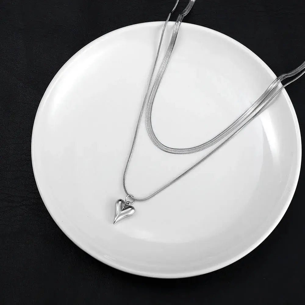 Seakissky Double Layer Stainless Steel Necklace With Love Heart Pendant Simple Stylish Gift For Women