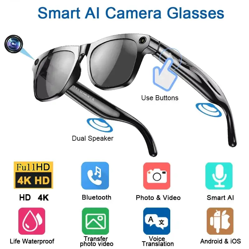 NovaVision 4K AI Smart Glasses With 800W Pixel Camera Bluetooth Calls Voice Assistant Music Player Translation