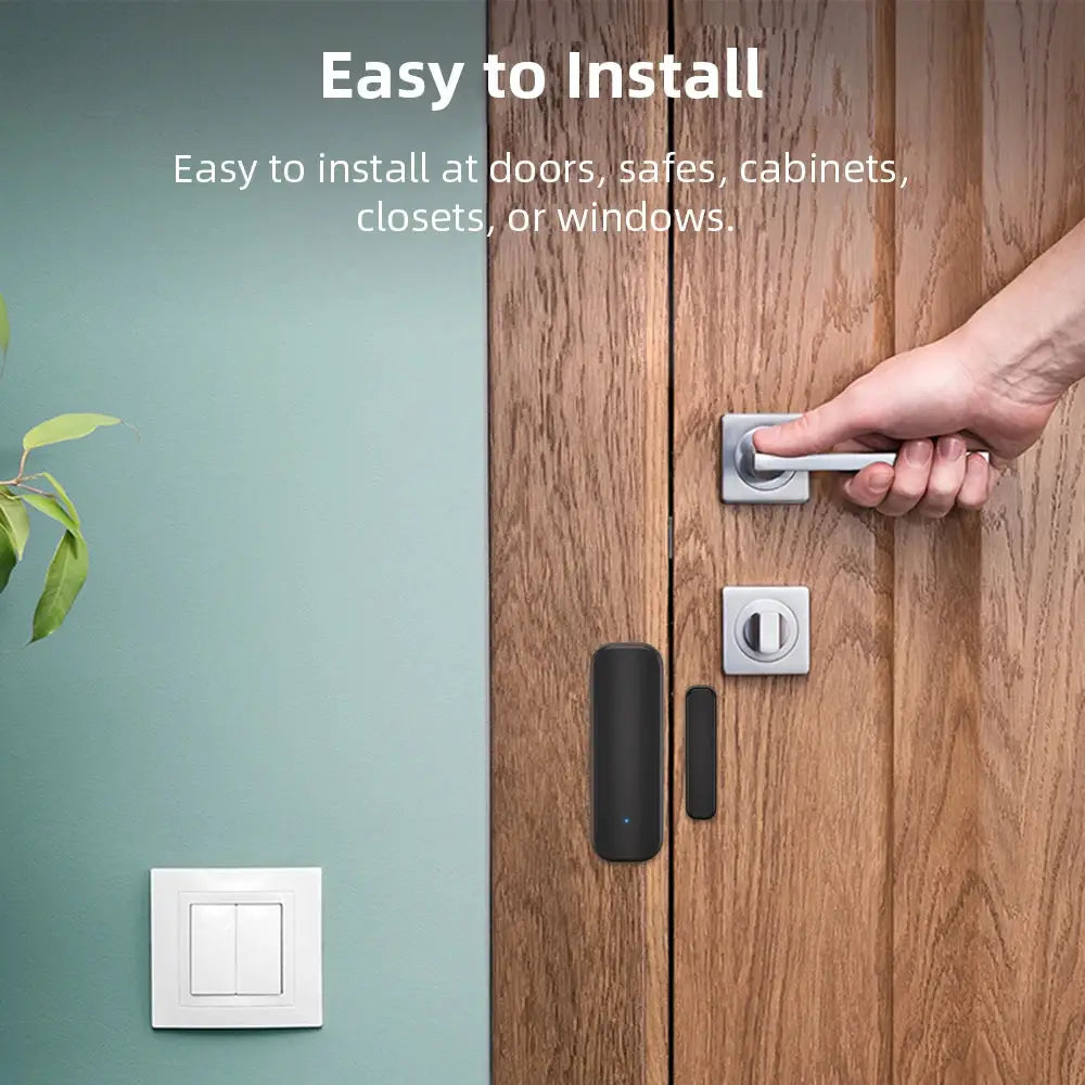 Simples Market smart door window sensor, black wireless alarm on wooden door frame