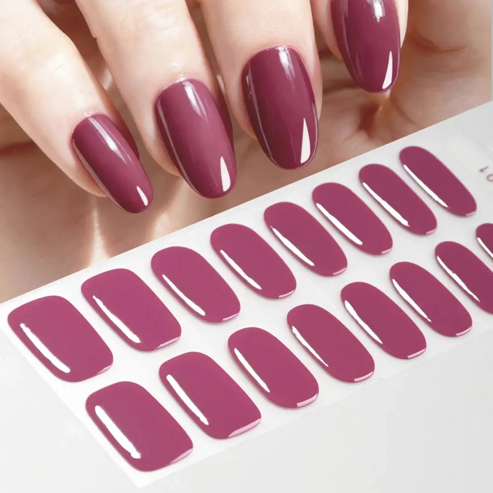 Purple oval nail wraps sheet with glossy full-cover decals for long-lasting manicures
