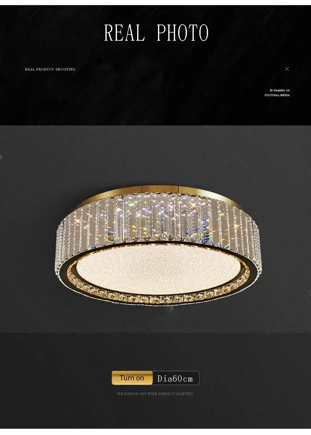 Light Luxury Crystal Ceiling Lamp by Simples Market, round gold flush mount with hanging crystal strands