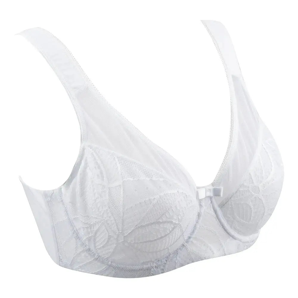 Sheroine Plus Size Underwire Bra in white lace with floral pattern, full-coverage style.