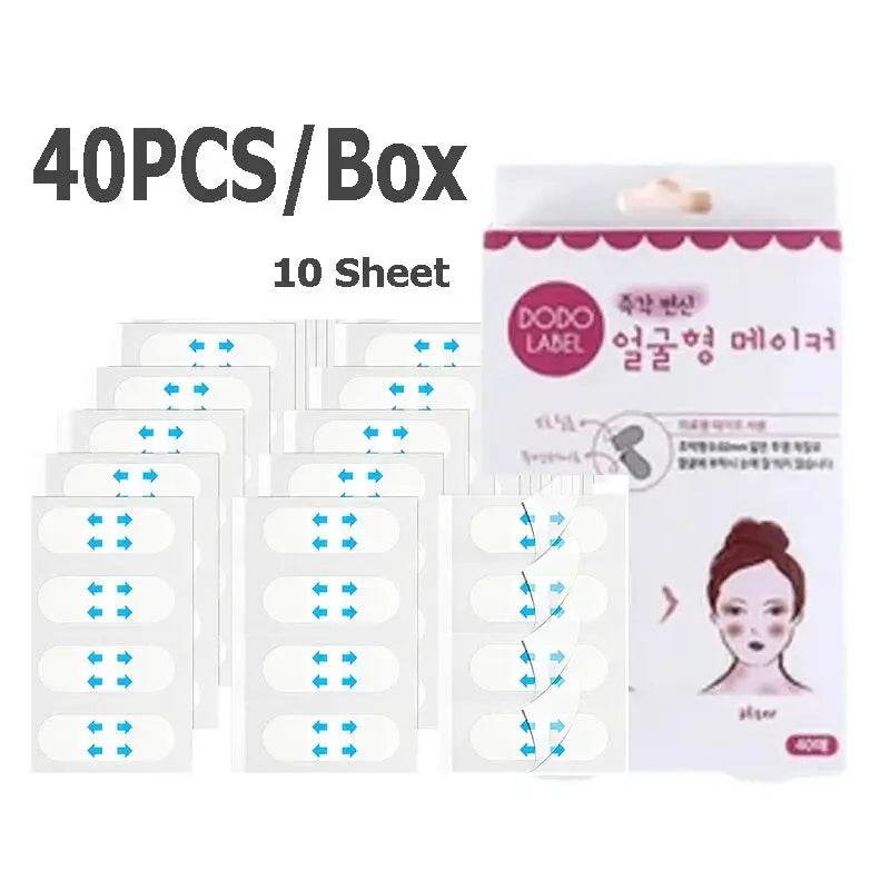 Face lift tape patches by Dodo Label; 40pcs box with 10 sheets, white adhesive patches with blue arrows