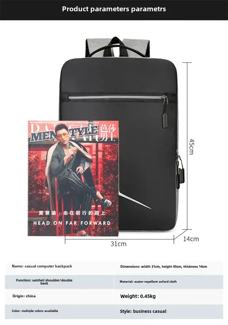 Black anti-theft laptop backpack with water-repellent oxford fabric, 31x45x14 cm.