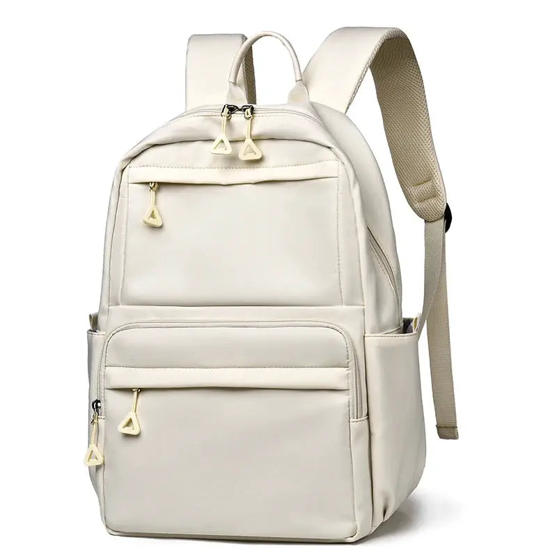Backpack large-capacity beige unisex laptop travel bag with multiple pockets, adjustable straps, and gold-tone zippers